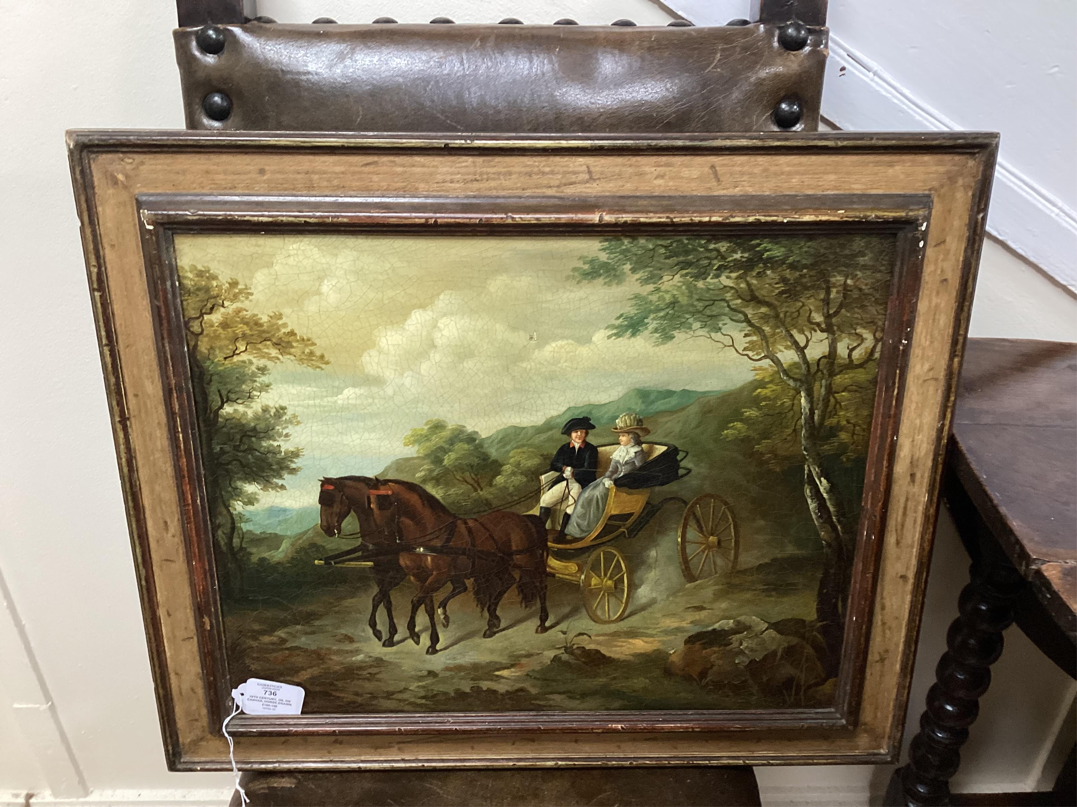 19th century, oil on canvas, Horse drawn carriage, unsigned, 39 x 49cm. Condition - poor